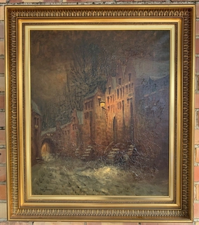 LARS NORDBY OIL ON CANVAS PAINTING OF EVENING WINTER STREET SCENE classic mural painting