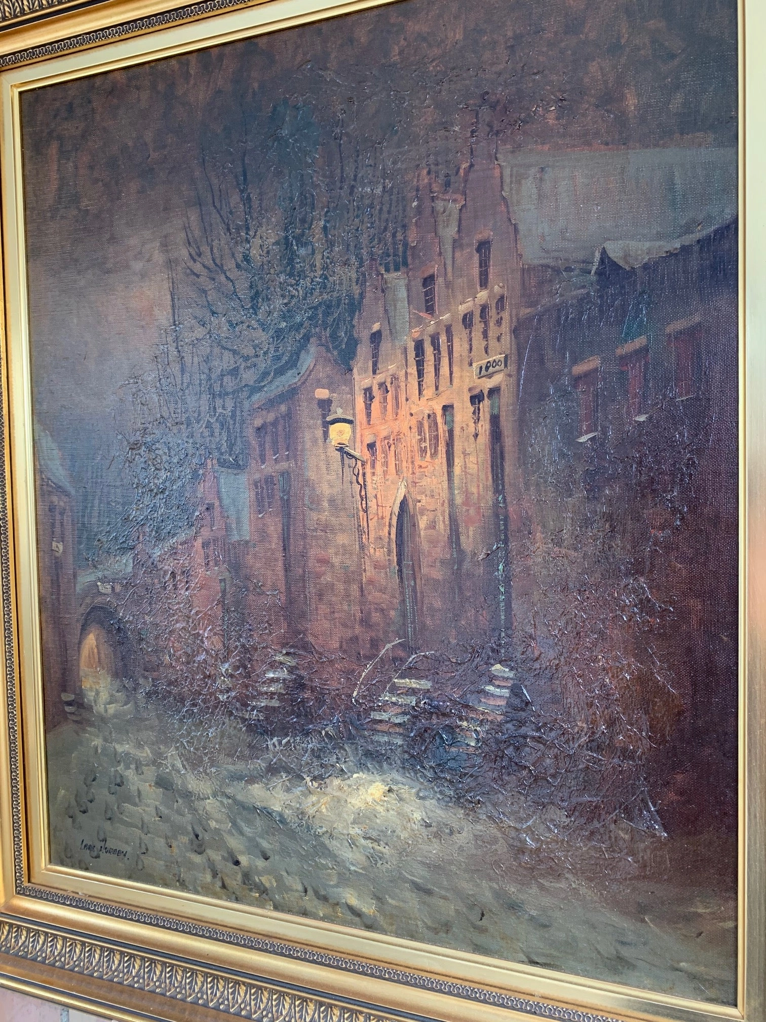 LARS NORDBY OIL ON CANVAS PAINTING OF EVENING WINTER STREET SCENE