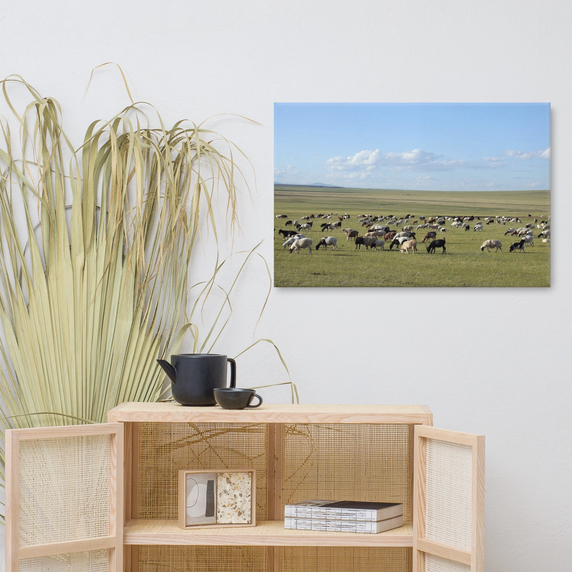 Leinwand - Herd of sheep graze in Mongolian steppe