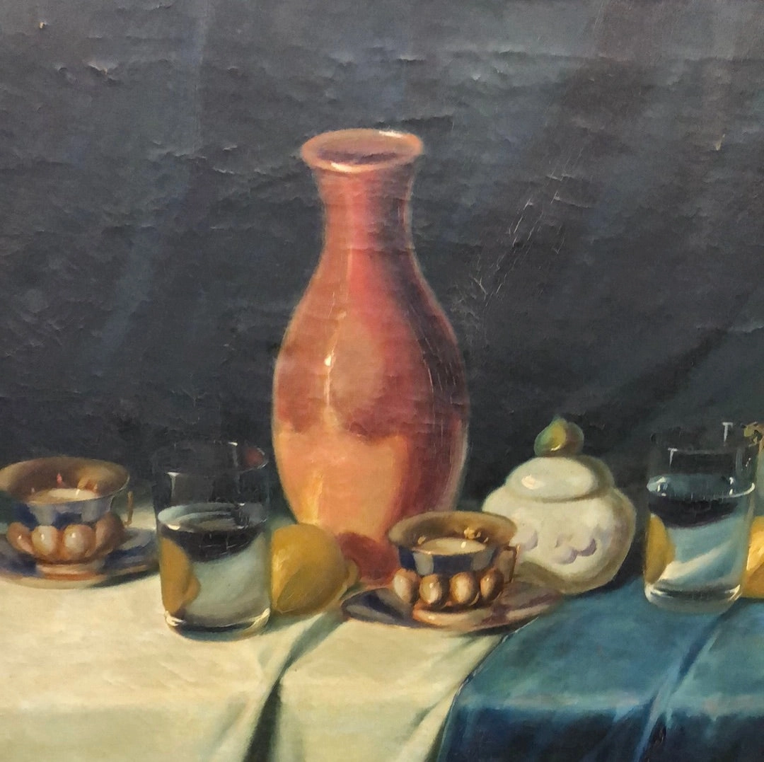 LEMONS AND A VASE STILL LIFE OIL PAINTING ON CANVAS