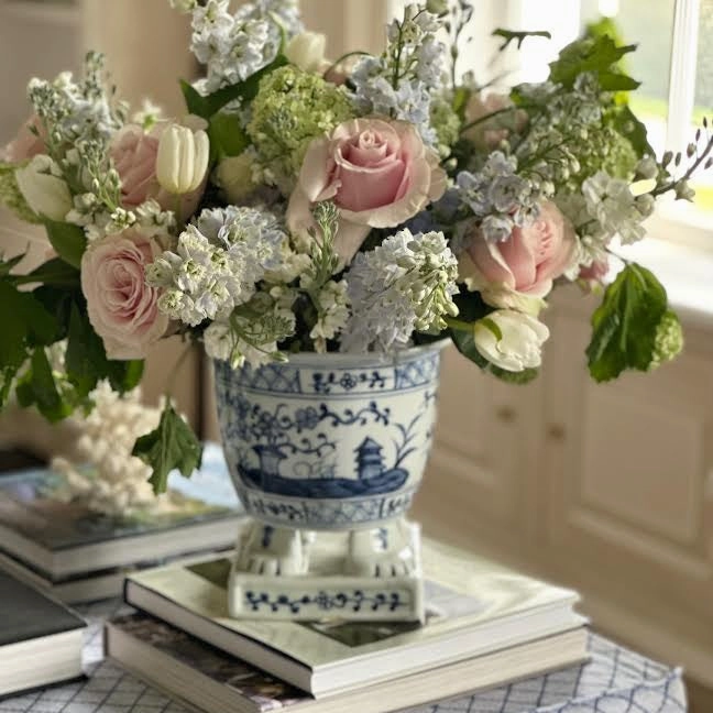 Light Blue Footed Village Scene Planter