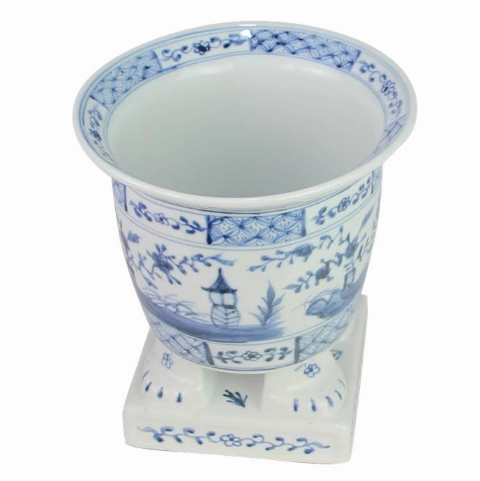 Light Blue Footed Village Scene Planter