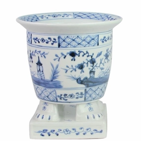 Light Blue Footed Village Scene Planter home display ornament