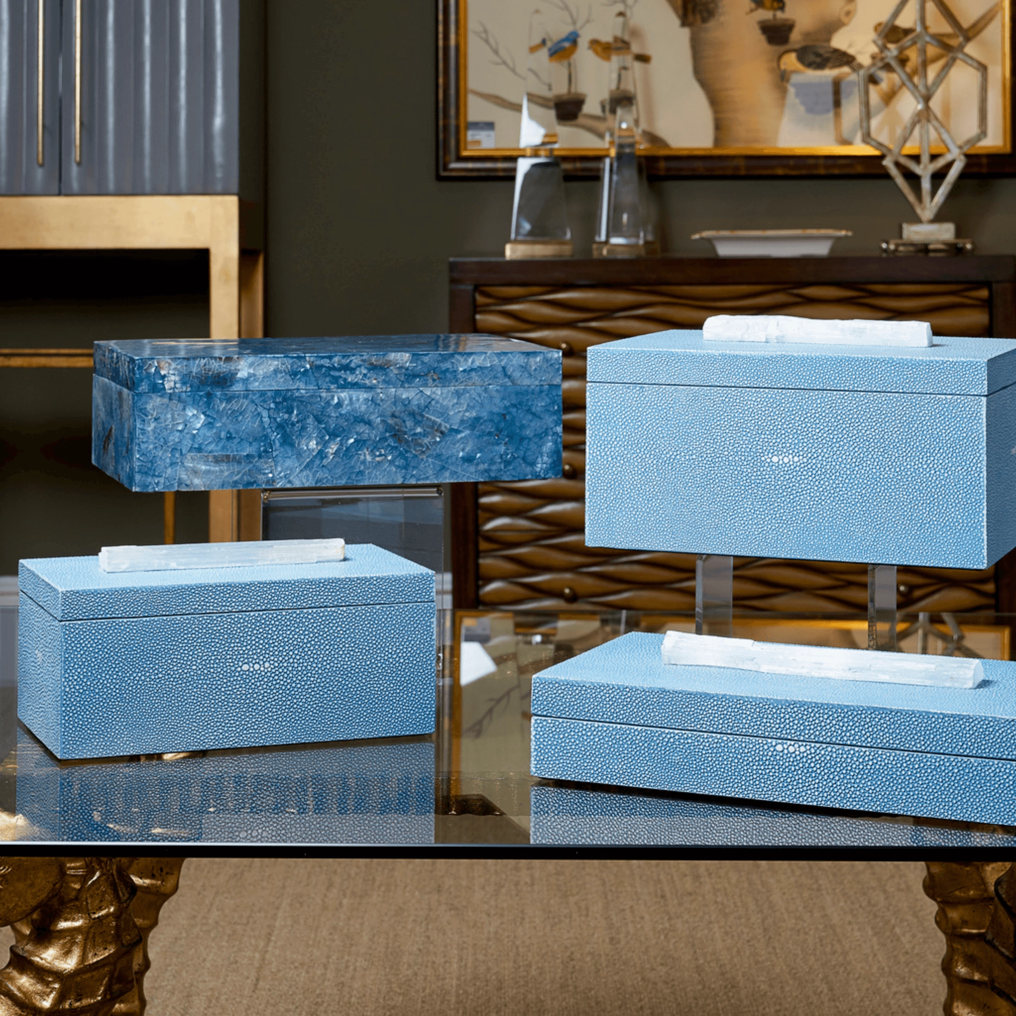 Light Blue Shagreen Jewelry Box With Rock Crystal Handle