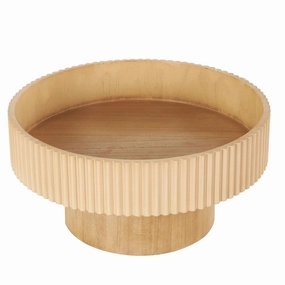 Light Brown Wood Ribbed Decorative Bowl with Elevated Base, 14" x 14" x 7" interior room decor