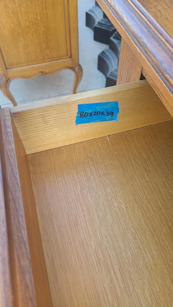 LIGHT OAK RUSTIC SHALLOW SIDEBOARD WITH FANCY STEEL PIERCED ESCUTCHEONS AND KNOBS