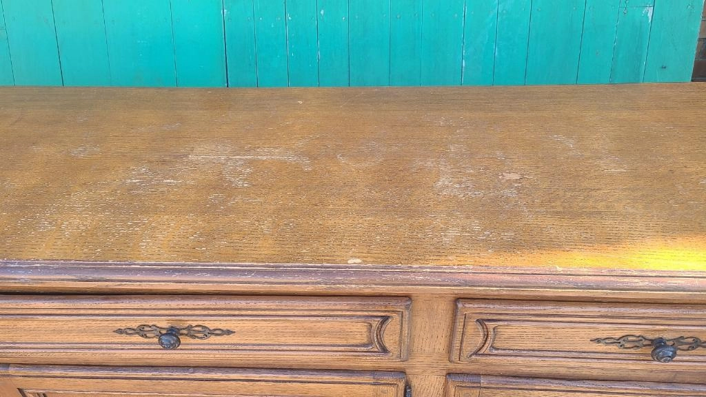 LIGHT OAK RUSTIC SHALLOW SIDEBOARD WITH FANCY STEEL PIERCED ESCUTCHEONS AND KNOBS