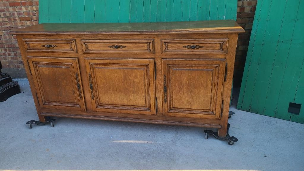 LIGHT OAK RUSTIC SHALLOW SIDEBOARD WITH FANCY STEEL PIERCED ESCUTCHEONS AND KNOBS
