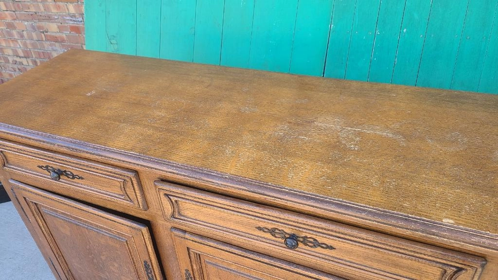 LIGHT OAK RUSTIC SHALLOW SIDEBOARD WITH FANCY STEEL PIERCED ESCUTCHEONS AND KNOBS