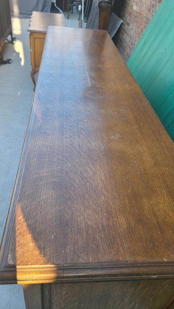 LIGHT OAK RUSTIC SHALLOW SIDEBOARD WITH FANCY STEEL PIERCED ESCUTCHEONS AND KNOBS