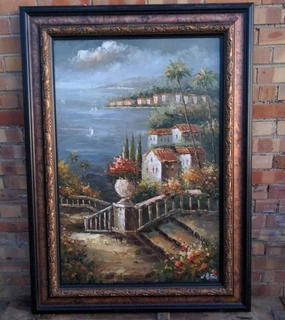 MEDITERRANEAN SEASCAPE OIL PAINTING IN FRAME classic mural painting