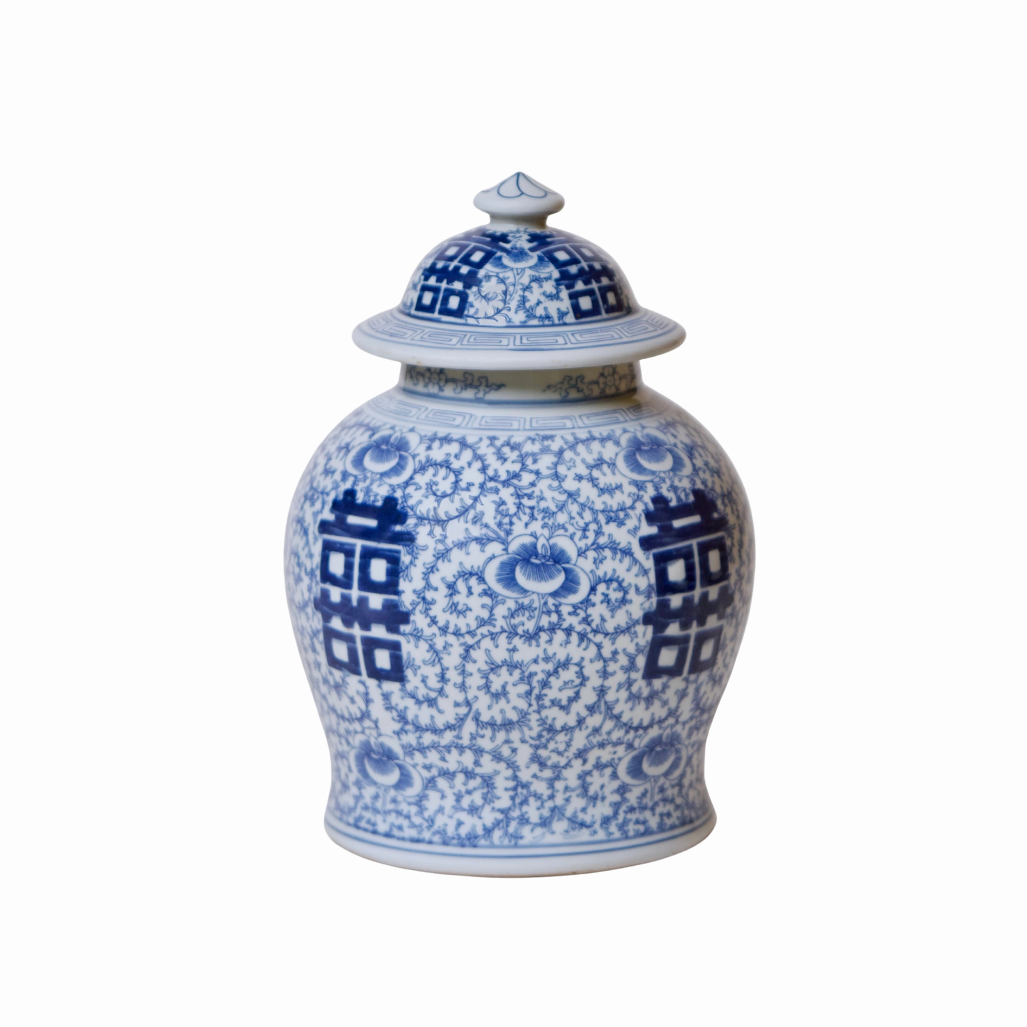 Medium Blue and White Porcelain Double Happiness Lidded Temple Jar