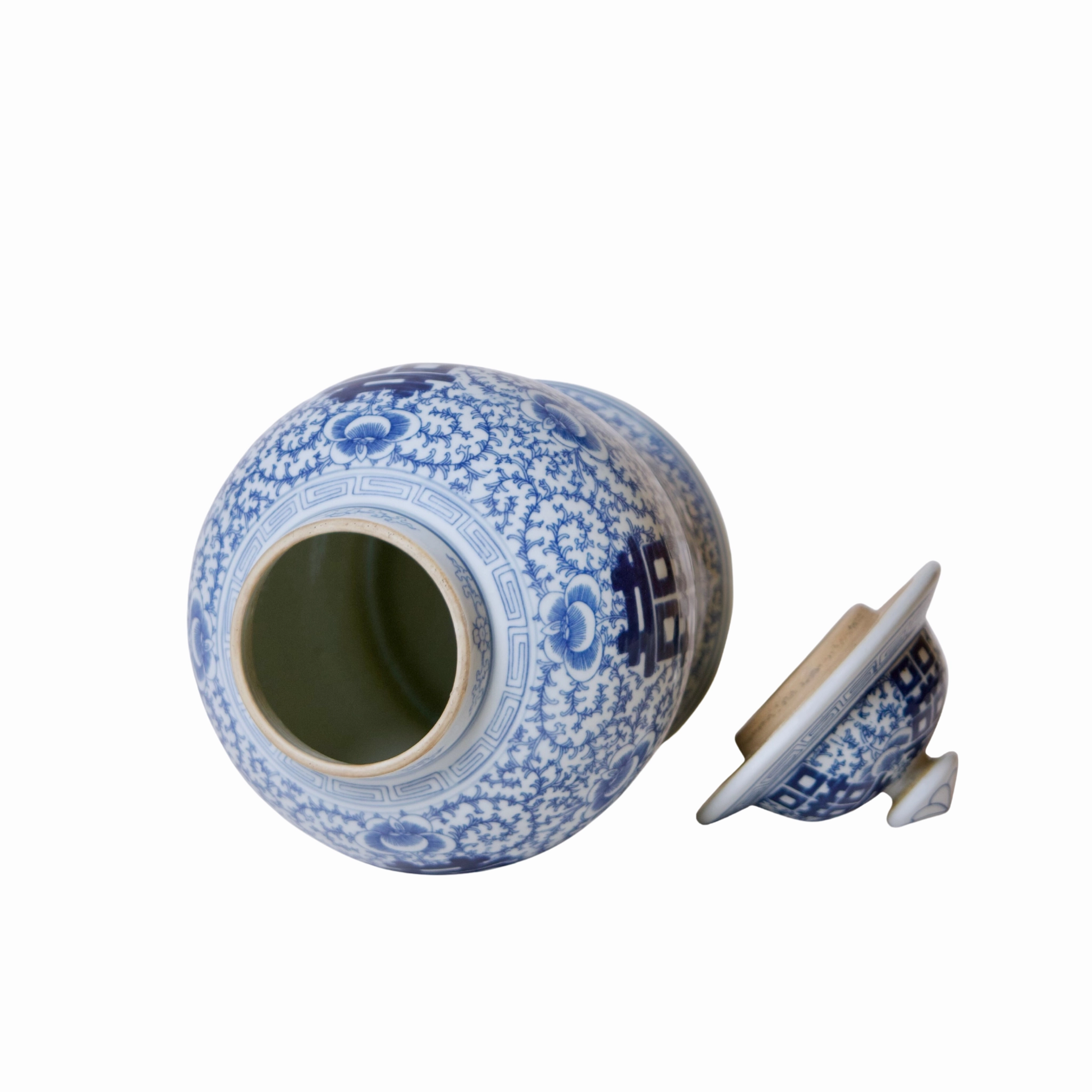 Medium Blue and White Porcelain Double Happiness Lidded Temple Jar