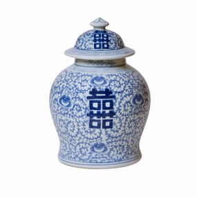 Medium Blue and White Porcelain Double Happiness Lidded Temple Jar home display ornament