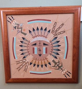 MEDIUM NAVAJO SAND PAINTING WITH FIGURE IN CENTER classic mural painting