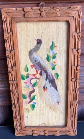 MEXICAN PAINTING OF BIRD WITH FEATHERS IN CARVED FRAME classic mural painting