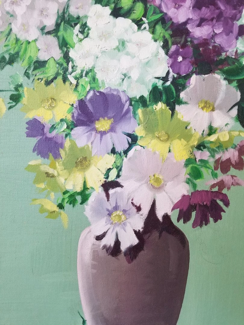 MID CENTURY FLORAL STILL LIFE OIL PAINTING BY FRANK LANE