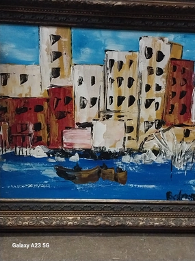 MID CENTURY MODERN FRAMED OIL PAINTING OF VENICE classic mural painting