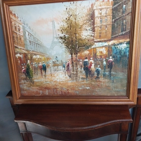 MID CENTURY OL PAINTING OF PARIS STREET SCENE classic mural painting
