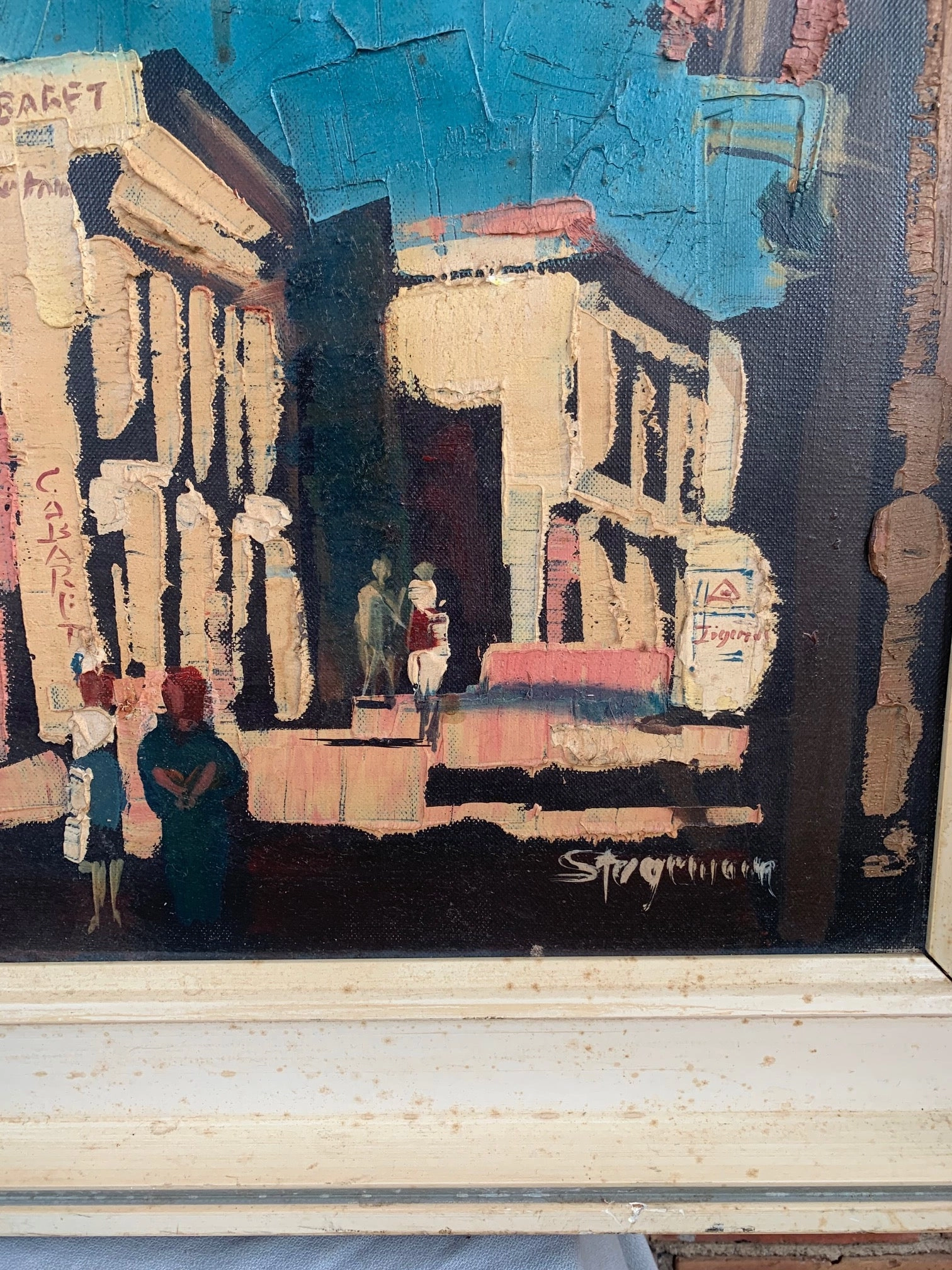 MID CENTURY STREET SCENE IMPASTO OIL PAINTING ON CANVAS