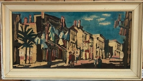 MID CENTURY STREET SCENE IMPASTO OIL PAINTING ON CANVAS classic mural painting