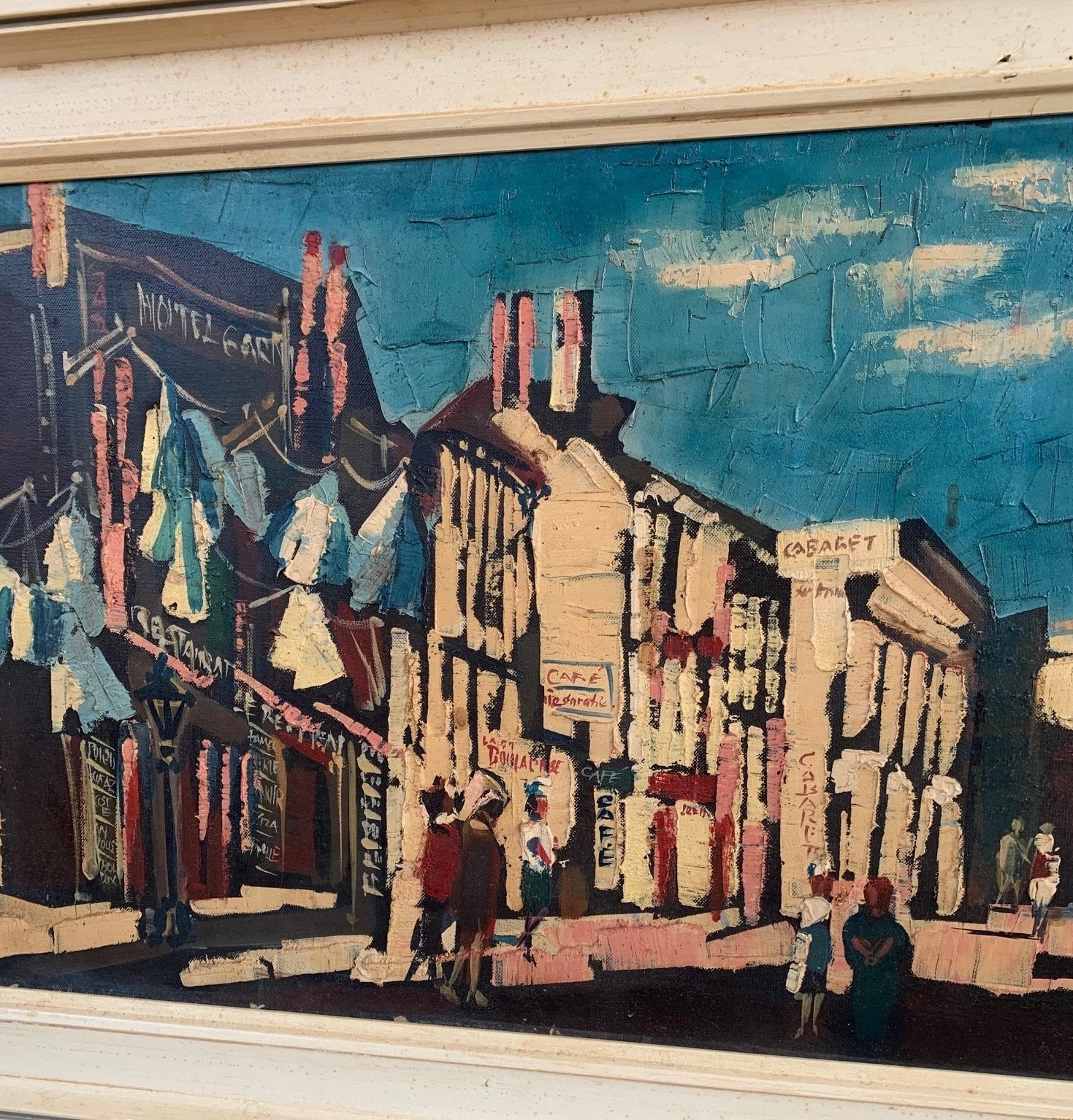 MID CENTURY STREET SCENE IMPASTO OIL PAINTING ON CANVAS