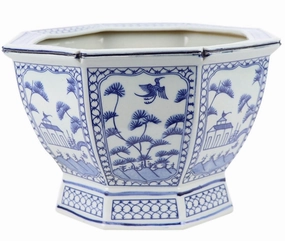 Mid Size Soft Blue Floral and Village Hexagon Planter home display ornament