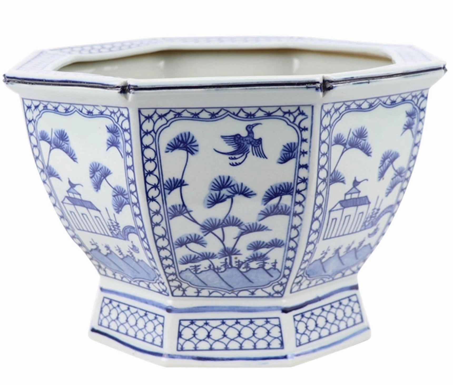 Mid Size Soft Blue Floral and Village Hexagon Planter home display ornament