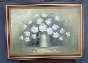 MIDCENTURY FLORAL OIL PAINTING ON CANVAS SIGNED PASANAULT classic mural painting
