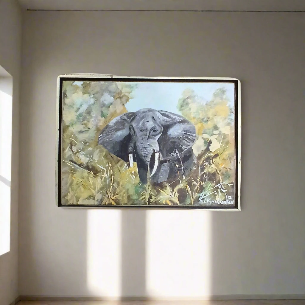 MIDCENTURYS SIGNED ELEPHANT PAINTING SIGNED AND DATED classic mural painting