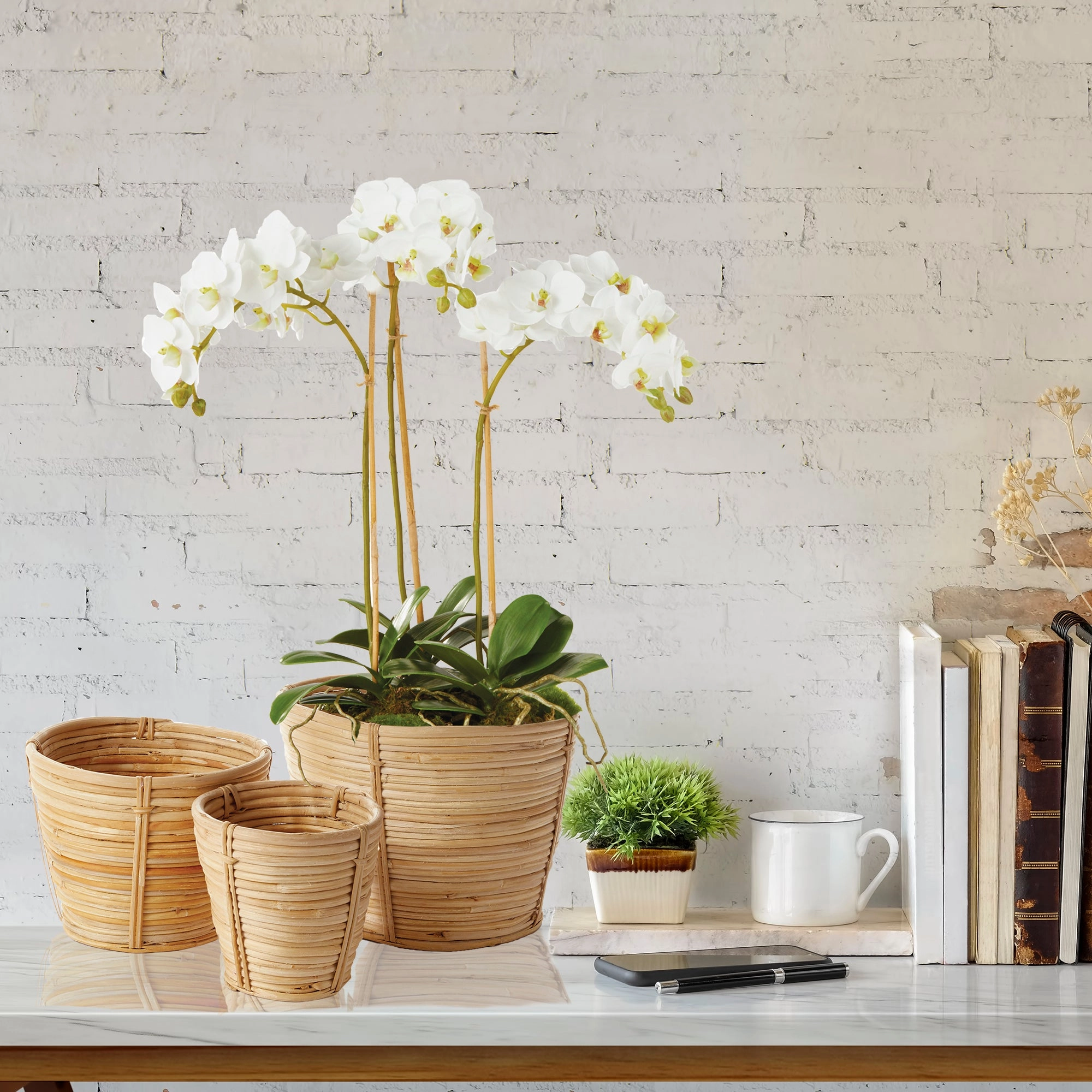 Mini Faux White Phalaenopsis Orchid Drop-in Arrangement