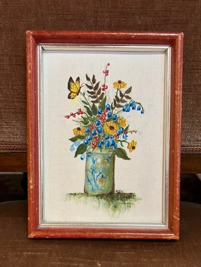 MINI PAINTING OF WILD FLOWERS IN JAR WITH BUTTERFLY IN ORANGE FRAME classic mural painting