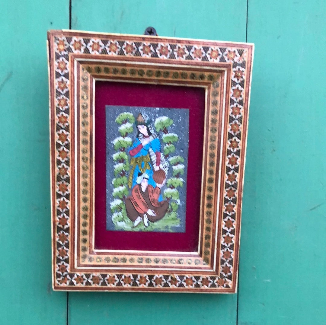 MINIATURE INDIAN PAINTING IN INTRICATELY INLAIND FRAME classic mural painting