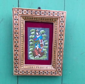 MINIATURE INDIAN PAINTING IN INTRICATELY INLAIND FRAME classic mural painting