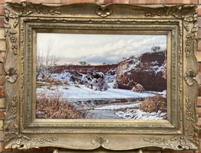 MIXED MEDIA WINTER LANDSCAPE   PAINTING OF TEXAS LONGHORN CATTLE -OIL AND PASTEL BY DAVID SANDERS (1936-2013) classic mural painting