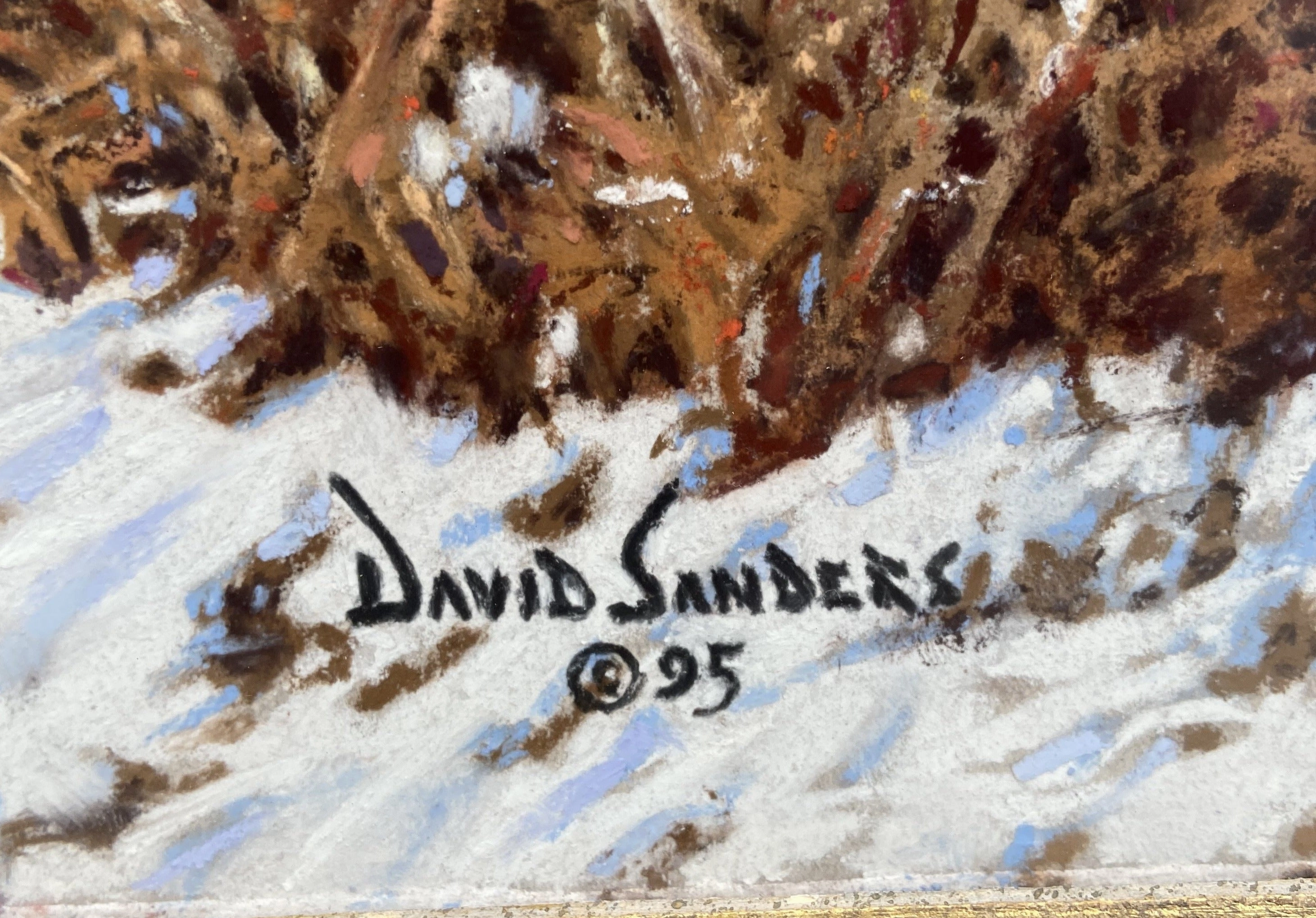 MIXED MEDIA WINTER LANDSCAPE   PAINTING OF TEXAS LONGHORN CATTLE -OIL AND PASTEL BY DAVID SANDERS (1936-2013)