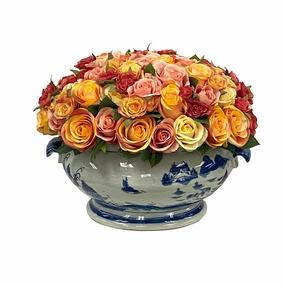 Mixed Rose Centerpiece in Blue and White Bowl home display ornament
