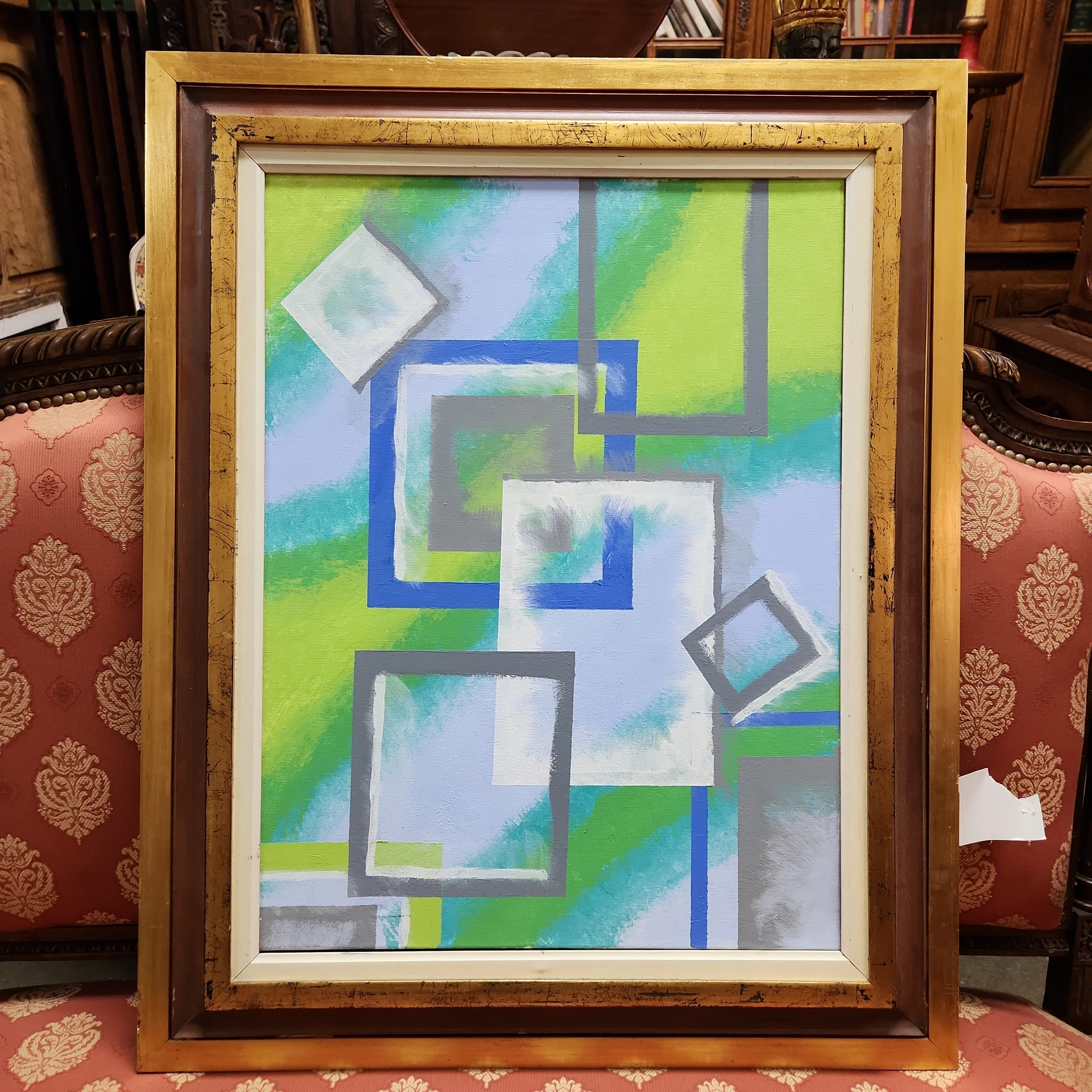 MODERN ABSTRACT PAINTING IN GOLD AND TERRA COTTA WOOD FRAME classic mural painting