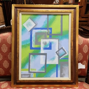 MODERN ABSTRACT PAINTING IN GOLD AND TERRA COTTA WOOD FRAME classic mural painting
