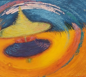 MODERN ORANGE AND BLUE OIL PAINTING WITH FLYING SAUCERS-AS FOUND classic mural painting