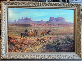 MONUMENT VALLEY WITH WILD HORSES OIL PAINTING BY DAVID SWATNER  MAY BE A GICLEE classic mural painting