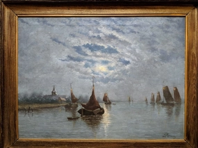 MOON LIGHT ON BOATS IN THE HARBOR-OIL PAINTING BY JOSEPH HEYMAN II classic mural painting