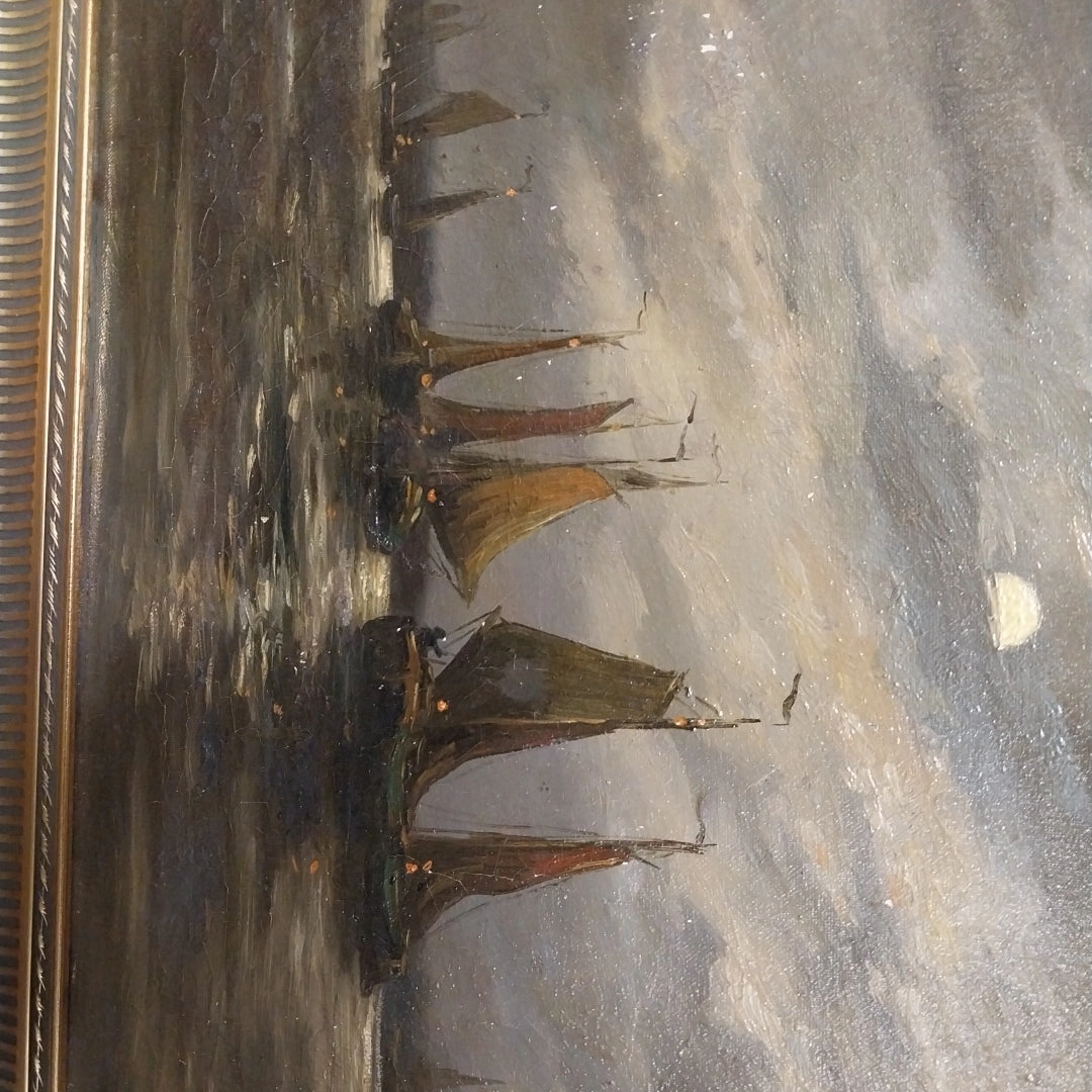 MOONLIT BAY WITH SAILBOATS OIL PAINTING