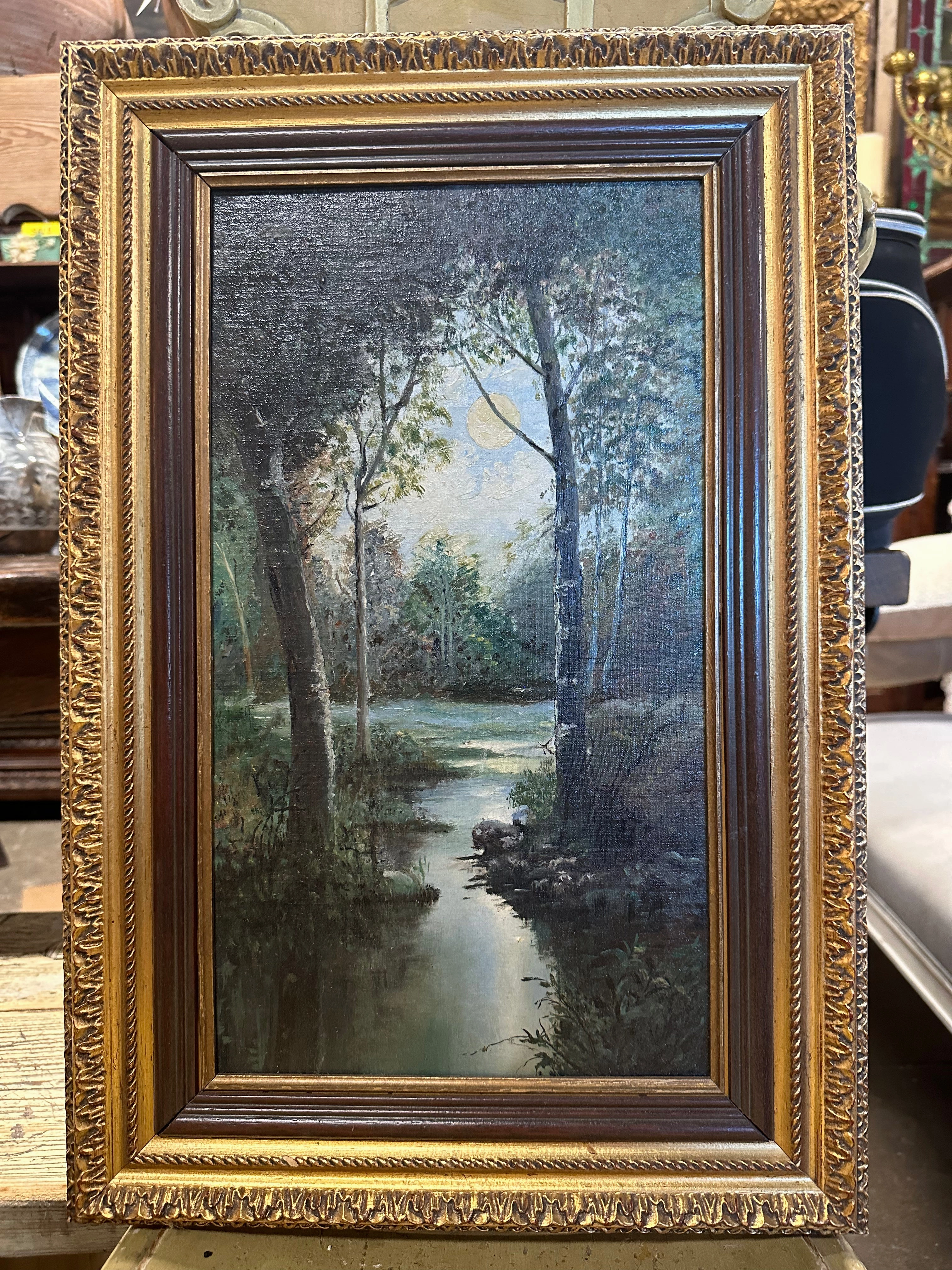 MOONLIT VERTICAL OIL PAINTING OF STREAM classic mural painting