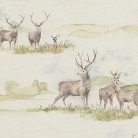 Moorland Stag Printed Linen Fabric (By The Metre) Natural elegant table cloth  