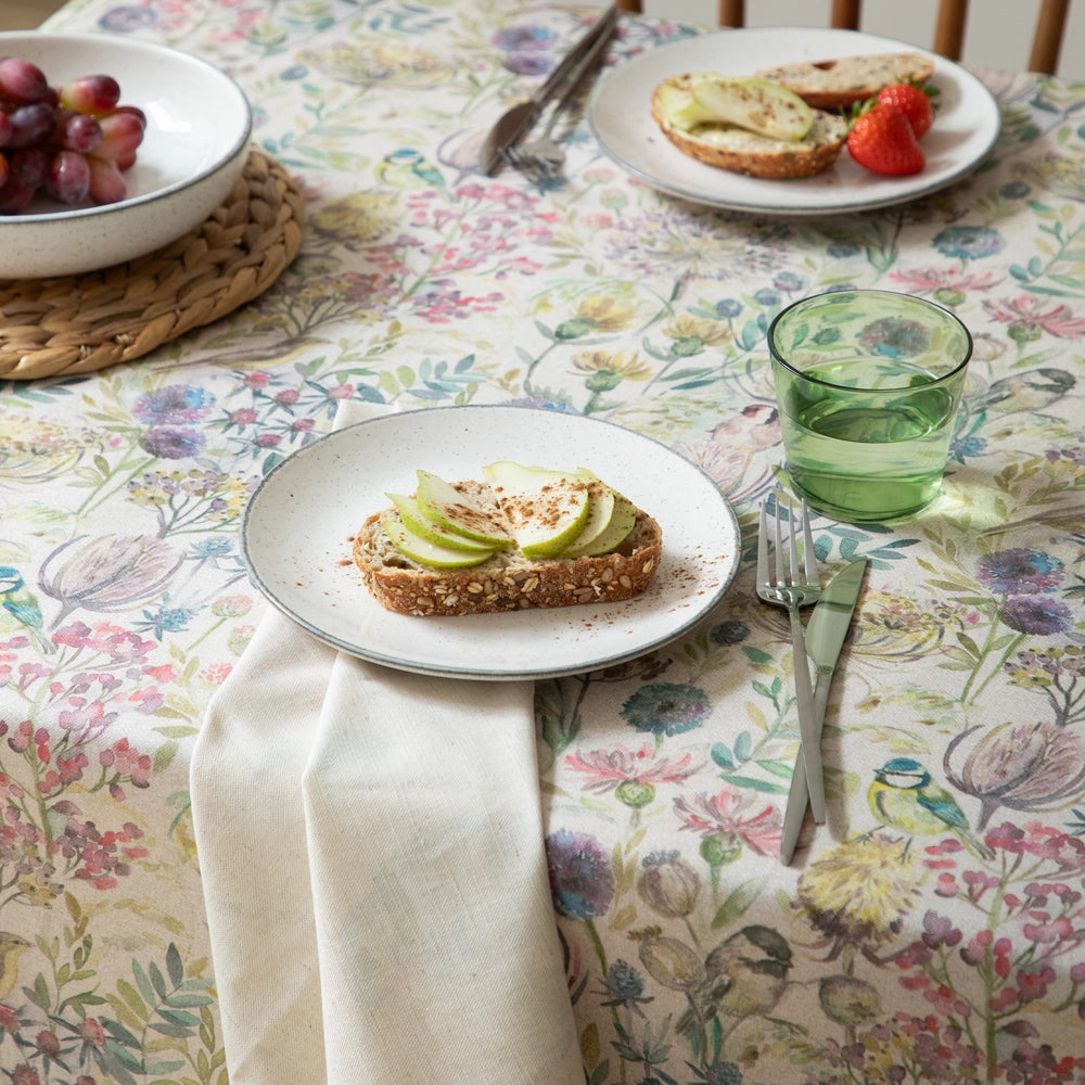 Morning Chorus Printed Oil Cloth Fabric (By The Metre) Natural elegant table cloth  