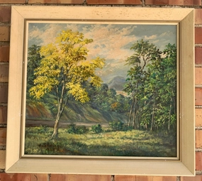 MOUNTAIN LANDSCAPE PAINTING WITH YELLOW TREE BY A. SKELINGIL classic mural painting