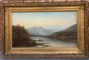 MOUNTAIN LANDSCAPE WITH CANOE OIL PAINTING BY JOSEPH HEKKING classic mural painting