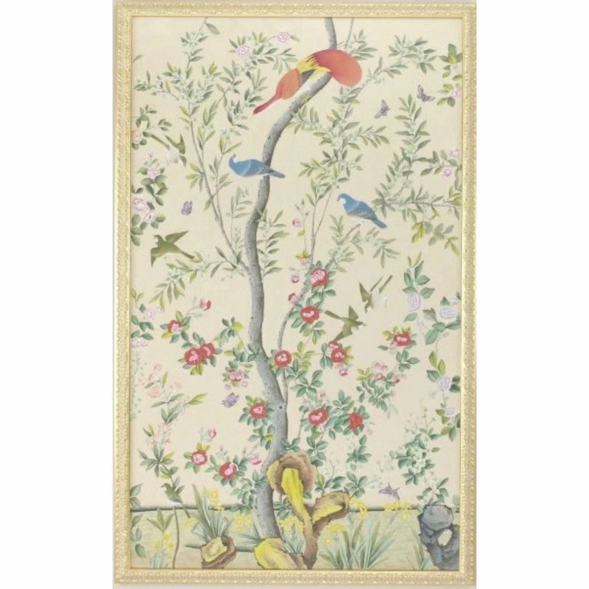 Multi Watercolor On Silk Chinoiserie Birds Panel Wall Art With Gold Frame home display ornament
