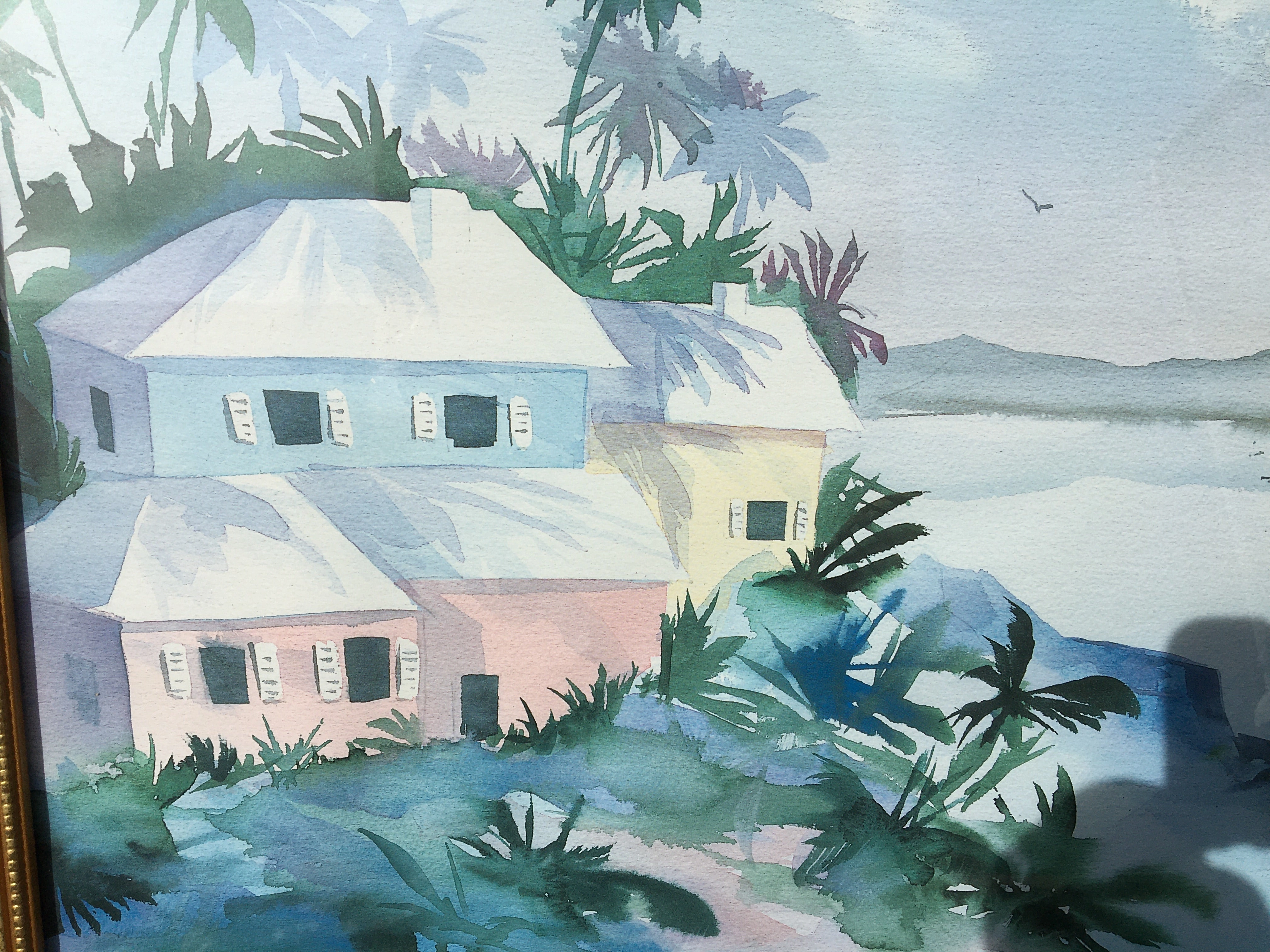 MULTICOLOR LAKE HOUSE PASTEL WATERCOLOR PAINTING